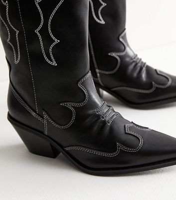 Black Faux Leather Stitch Detail Cowboy Boots New Look