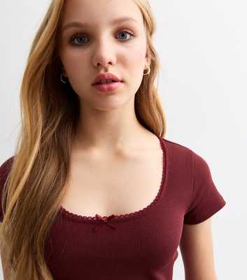 Girls Burgundy Bow Trim Scoop Neck T-Shirt