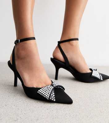 Black Diamanté Bow Satin Court Shoes