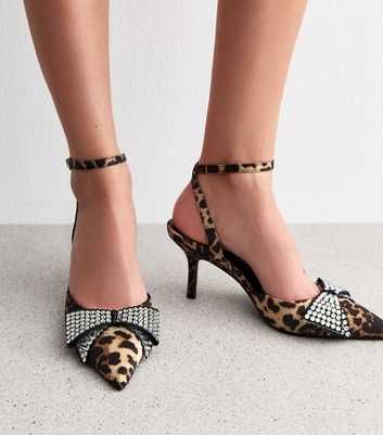 Brown Leopard Print Diamanté Bow Court Shoes