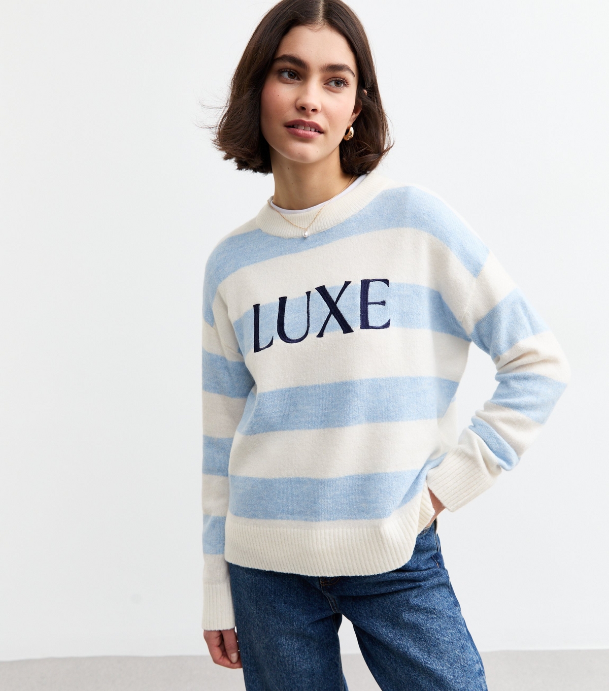 Women's Blue Striped Luxe Embroidered Jumper New Look