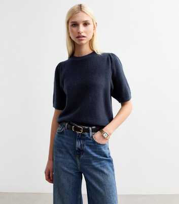 Navy Puff Sleeve Knit Top 