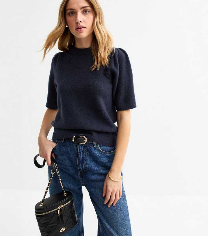 Navy Puff Sleeve Knit Top 