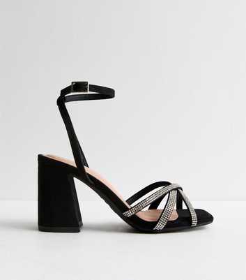 Wide Fit Black Suedette Embellished Strap Sandals