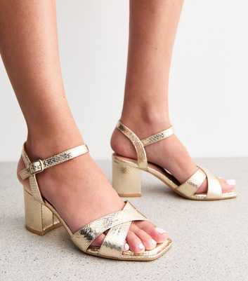 Wide Fit Gold Snake Effect Block Heel Sandals