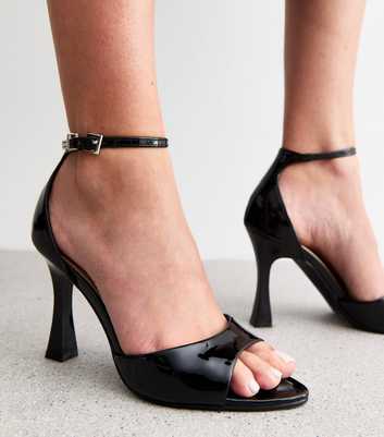 Black Open Toe Faux Leather Heeled Sandals