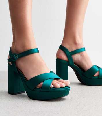 Extra Wide Fit Dark Green Satin Platform Sandals