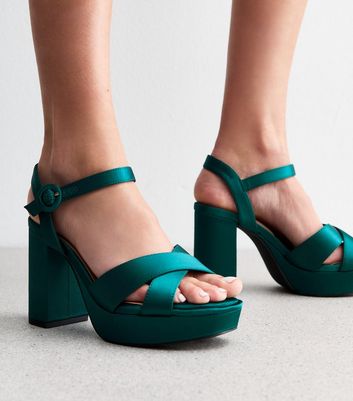 Extra Wide Fit Dark Green Satin Platform Sandals New Look