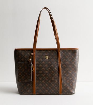 Brown Monogram Faux Leather Tote Bag New Look