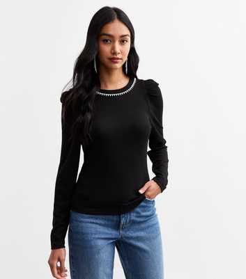 Black Soft Touch Embellished Neckline Top