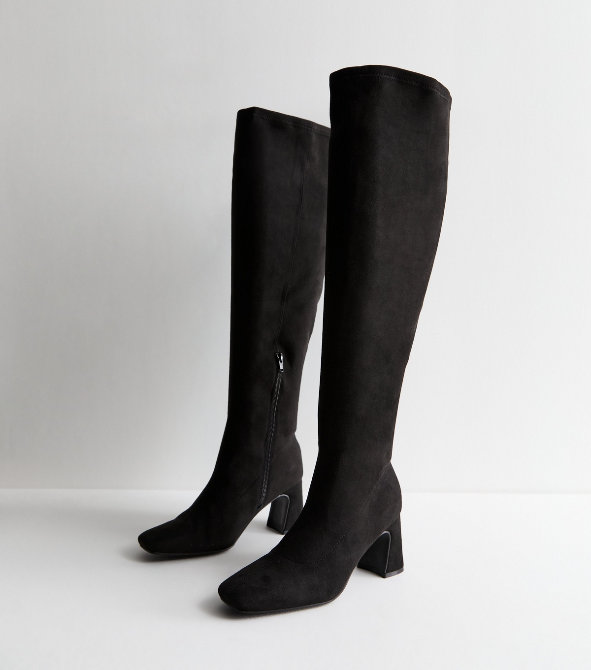 Women's Wide Fit Black Suedette Block Heel Knee High Boots Vegan New Look
