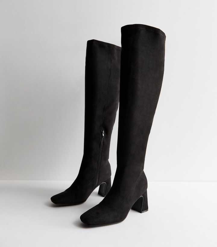 Wide Fit Black Suedette Block Heel Knee High Boots | New Look
