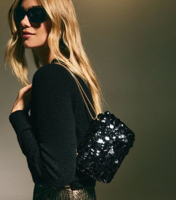 Black Sequinned Crossbody Bag New Look