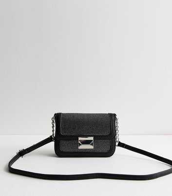 Black Crystal Embellished Faux Leather Crossbody Bag