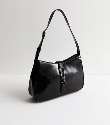 Black Link Detail Faux Leather Shoulder Bag New Look