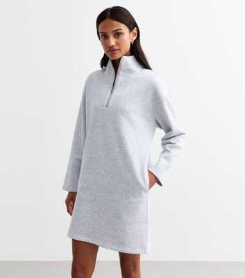 Grey Marl Funnel Neck Half Zip Sweater Mini Dress