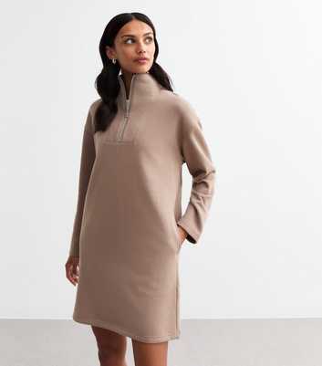 Camel Funnel Neck Half Zip Sweater Mini Dress