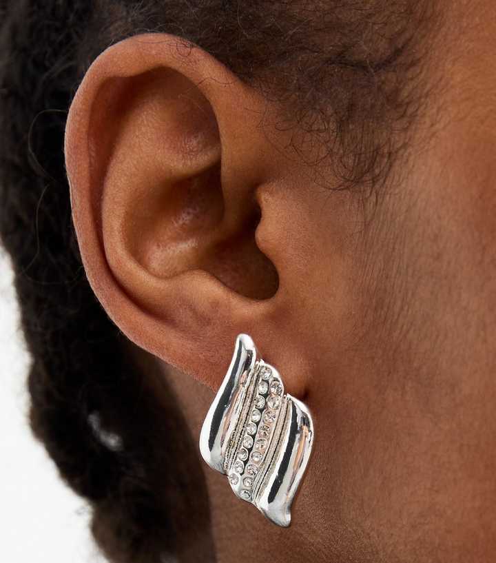 Silver Tone Diamanté Curved Stud Earrings