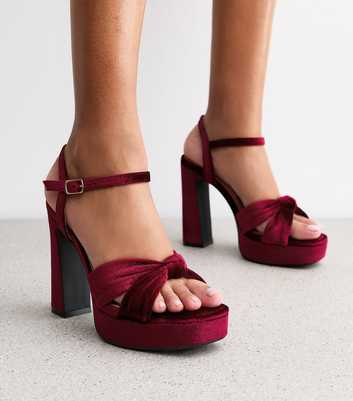 Burgundy Velvet Heeled Platform Sandals