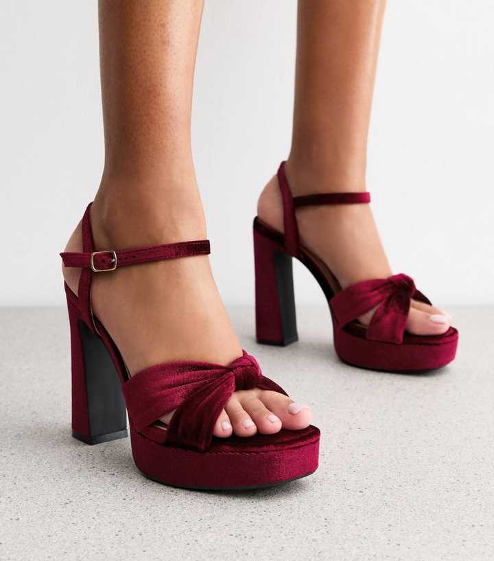 Burgundy Velvet Heeled Platform Sandals