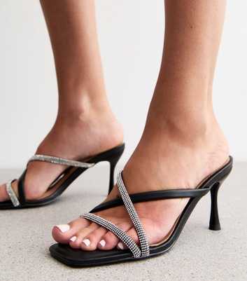 Black Crystal Multi Strap Mule Sandals