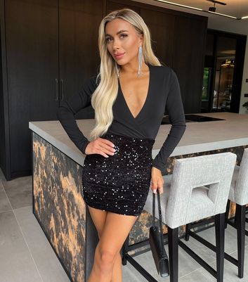 AX Paris Black Sequin in Wrap Mini Dress New Look