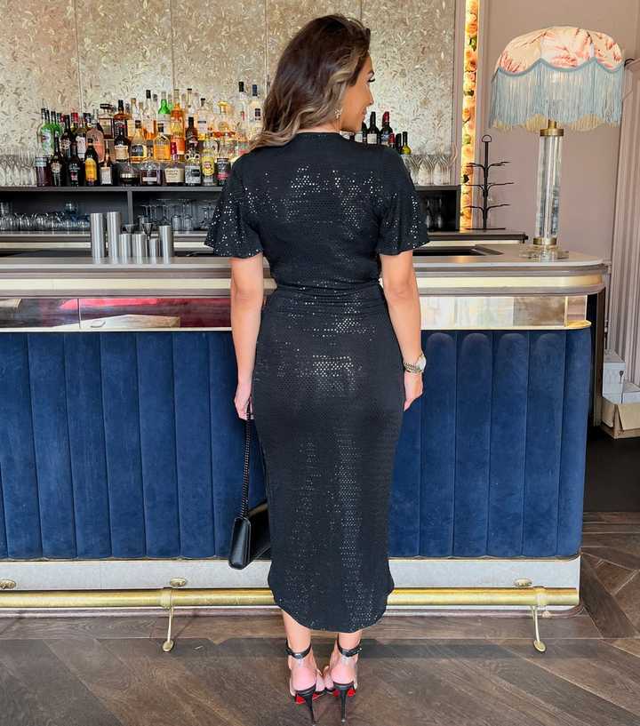 Ax Paris Wrap Dress Glitter Black Sparkle And Sequin Long Sleeve Wrap Midi Dress AX Paris Ax Paris Wrap Dress Glitter Black Sparkle And Sequin Long Sleeve Wrap Midi Dress AX Paris