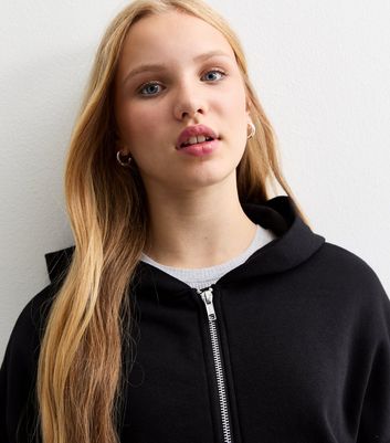 Girls Black Cropped Zip Through Hoodie New Look