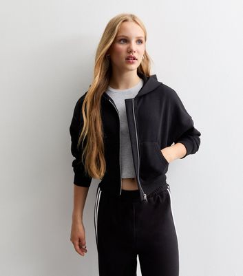 Girls Black Cropped Zip Through Hoodie New Look