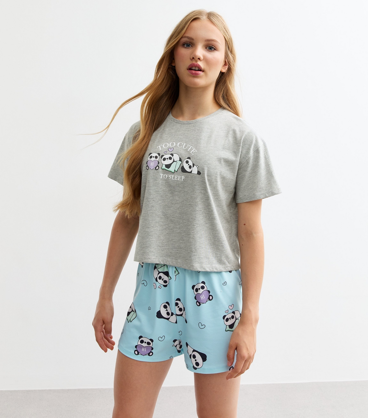 Girls' Grey Panda Print Short Pyjama Set New Look