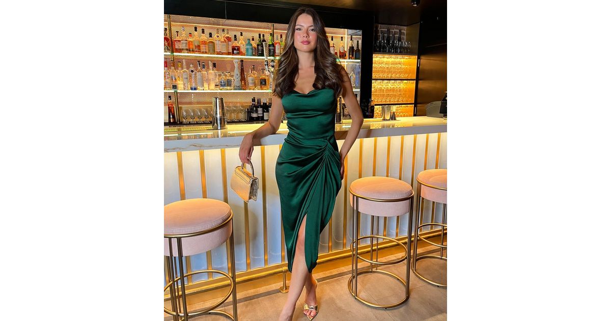 green emerald velvet dress Teal Satin Strappy Cowl Neck Gathered Skirt Midi Dress  AX Paris
