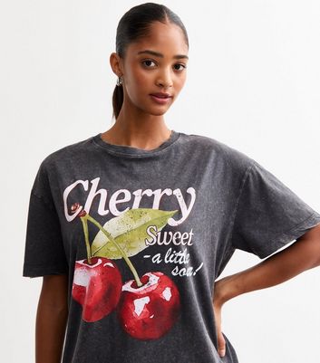 Dark Grey Cotton Sour Cherry Print Oversized T-Shirt New Look