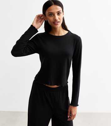 Black Frill Hem Jersey Long Sleeve Top