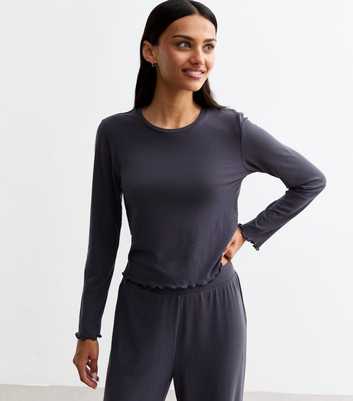 Grey Frill Hem Jersey Long Sleeve Top