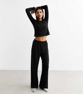 Black Frill Trim Jersey Wide Leg Trousers