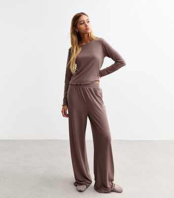 Mink Frill Trim Jersey Wide Leg Trousers