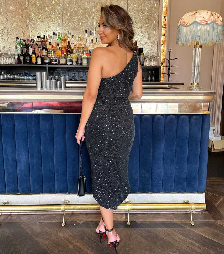 slim fit dress slacks Navy Metallic Sparkle And Sequin Square Neck Bodycon Midi Dress – AX Paris