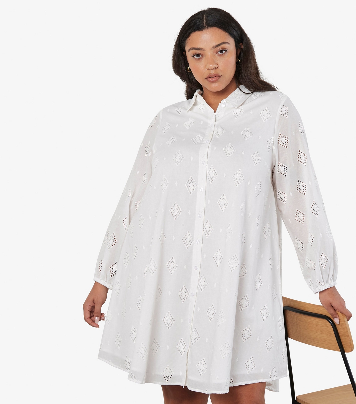 Women's Plus Size White Cotton Embroidered Mini Shirt Dress Curves Apricot New Look