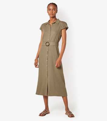 Apricot Olive Linen-Blend Button Front Belted Midi Dress