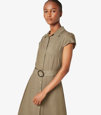 Apricot Olive Linen Blend Button Front Belted Midi Dress New Look