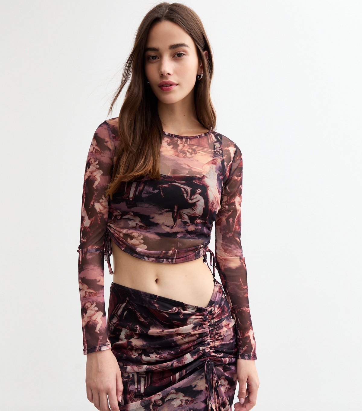 Women's Red Mesh Cherub Ruched Long Sleeve Crop Top New Look