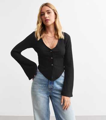 Black Button Front Textured Blouse