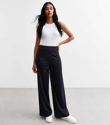 Navy Wide Leg Jersey Tailored Trousers