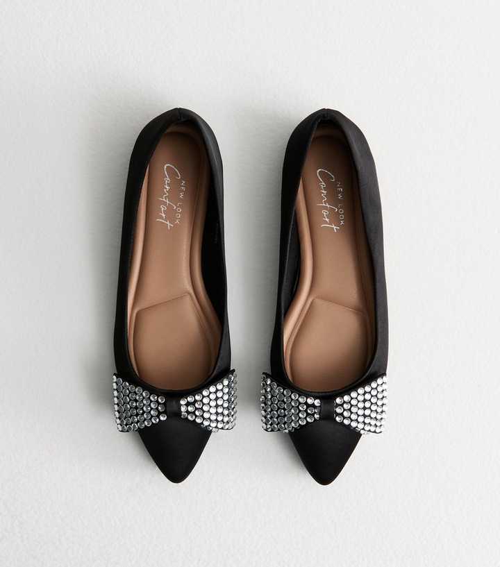 Black Crystal Bow Satin Ballet Flats