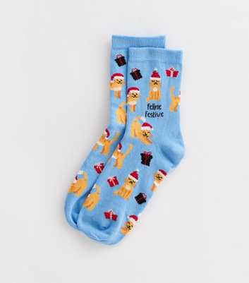 Blue Christmas Feline Socks