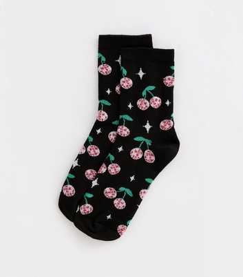 Black Sparkly Cherry Illustration Socks