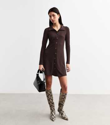 Brown Ribbed Jersey Button Up Dress