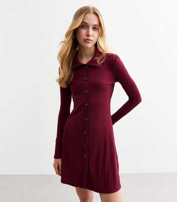 Burgundy Ribbed Jersey Mini Shirt Dress