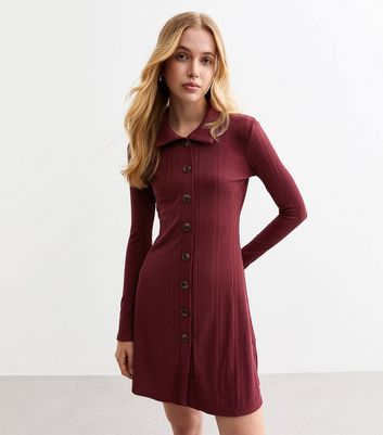 Burgundy Ribbed Jersey Mini Shirt Dress New Look