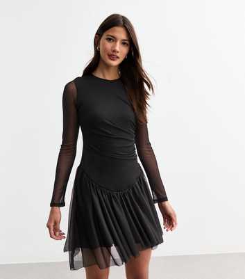 Black Dropped Waist Stretch Mesh Mini Dress